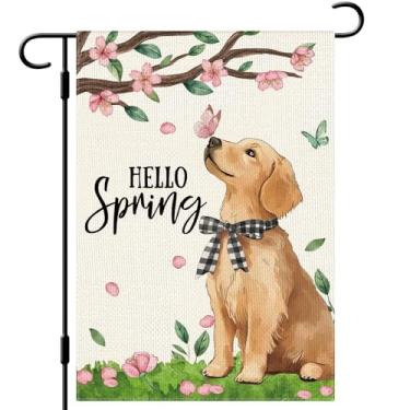 Imagem de DLZDN Hello Spring Golden Retriever Bandeira de jardim para cães 30,5 x 45,7 cm, dupla face, vertical, serapilheira, quintal, sinalização sazonal, decoração ao ar livre