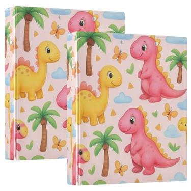 Imagem de Fichários fofos de dinossauros rosa e amarelos com 3 anéis de 3 cm comporta 200 folhas fofas pastas de portfólio de anel redondo, 31,5 x 27 x 6 cm, 1 pacote