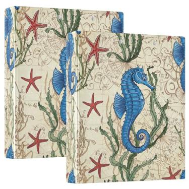 Imagem de Fichários de 3 anéis de estrela do mar cavalo marinho azul de 3 cm comporta 200 folhas fofas 3 pastas de anel redondo, 31,5 x 27 x 6 cm, 1 pacote