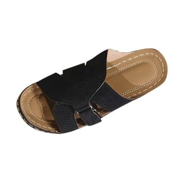 Imagem de Pantufas femininas casuais de verão com boca de peixe com fundo grosso confortável para uso externo e interior com material PU, Preto, 34
