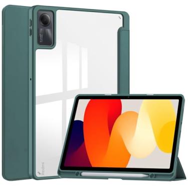 Imagem de TANOVCEP Capa para tablet Xiaomi Redmi Pad SE, capa fina de três dobras com suporte para caneta, capa à prova de choque com capa traseira transparente transparente para Redmi Pad SE, despertar