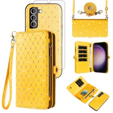 Imagem de Capa de celular para Samsung Galaxy S23 5G Carteira com zíper destacável com protetor de tela de vidro temperado, alça flip com glitter, compartimento para cartão S 23 23S GS23 G5 SM-S911U 15.5 cm