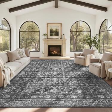 Imagem de DUIDY Tapetes laváveis de 25,5 x 35,5 cm para sala de estar, preto, vintage, boho grande, para quarto, sala de jantar, escritório, tapete floral envelhecido, macio, antiderrapante, camada baixa, casa