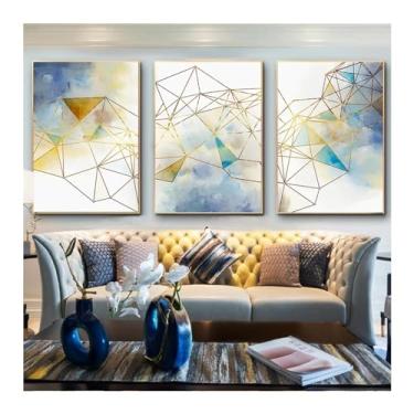 Imagem de Pintura em tela minimalista abstrata aquarela amarela linhas geométricas pôster e impressão arte de parede imagens sala de estar - (75 x 100 cm x 3) moldura interna de 30 x 39 polegadas