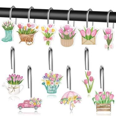 Imagem de MALLMALL6 12 peças de ganchos de cortina de chuveiro de flores de primavera tulipa floral de metal à prova de ferrugem para banheiro, quarto, quarto, acessórios de decoração de casa, com regador