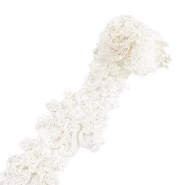 Imagem de FINGERINSPIRE Acabamento de lantejoulas bordadas de 2 metros de largura, 6,5 cm de largura, acabamento de flores de poliéster bege, aplique floral, faça você mesmo, fita de borda de renda bege para