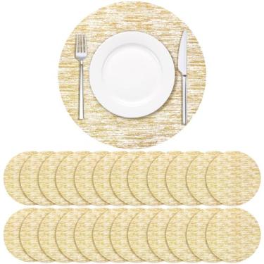 Imagem de Soleebee Pacote com 50 jogos americanos descartáveis, tapetes de mesa redondos finos com listras douradas de 33 cm, jogo americano de mesa para casamento, festa de aniversário, mesa de jantar