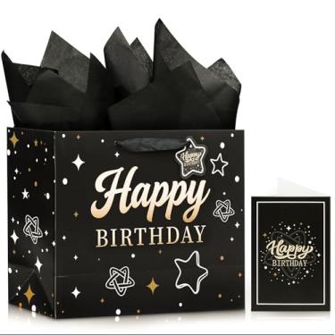 Imagem de KeerxunBag Bolsa de presente preta de feliz aniversário - com 3 papéis de seda grandes e cartão comemorativo, bolsa de presente de aniversário para meninos de tamanho médio (preto)