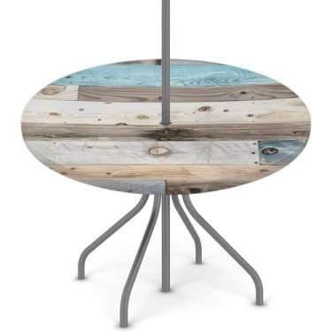 Imagem de Pardick Toalha de mesa redonda de design de madeira com orifício para guarda-chuva, toalha de mesa redonda ajustada à prova d'água com zíper, capa de mesa de pátio ao ar livre, serve para mesas de 114