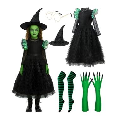 Imagem de Behufun Fantasia de bruxa para meninas - fantasia de Halloween para crianças, vestido de bruxa preto com babados, chapéu, luvas para cosplay