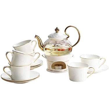 Imagem de Conjunto de 6 xícaras de café turco de porcelana chinesa de osso de porcelana chinesa, bule de vidro seguro para fogão, tampa de porcelana, aquecedor de chá, conjunto de chá de flores conjuntos de chá