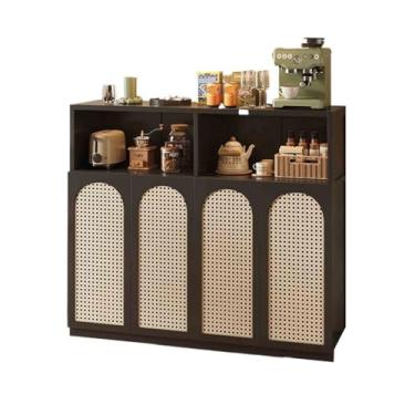 Imagem de Aparador de cozinha estilo retrô para cozinha, sala de estar, armazenamento no chão, montado na parede, quatro portas com compartimentos, armário buffet (preto)