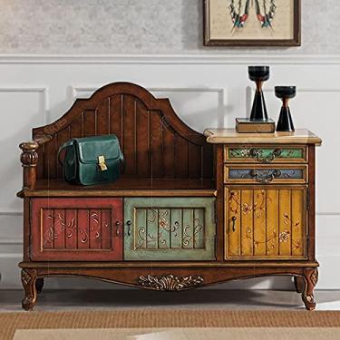 Imagem de Sapateira para entrada, banco organizador de sapatos, banco de cabeceira de cama, móveis de madeira para corredor, quarto, sala de estar, bancos de armazenamento multifuncionais retrô americanos, 120