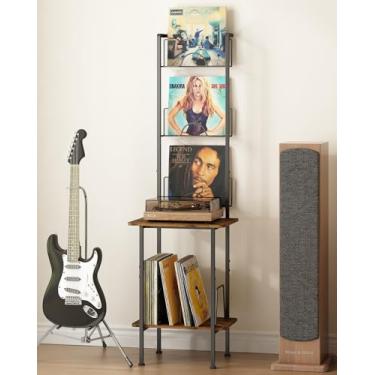 Imagem de Suporte para Toca-Discos de 2 Níveis com Armazenamento de Vinil, Três Discos Podem ser Exibidos, Armário de Exibição de Discos para Sala de Estar, Quarto, Escritório