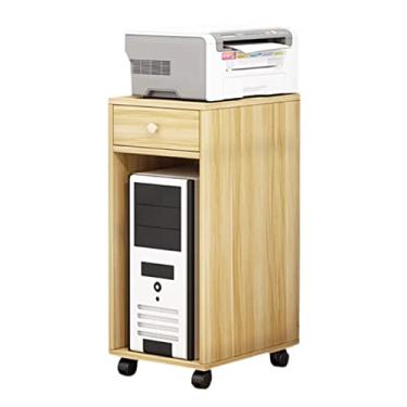 Imagem de Prático suporte de torre de PC com armazenamento, suporte de CPU de madeira de 2 camadas com gaveta, estojo de carrinho de impressora móvel para escritório em casa (natural)