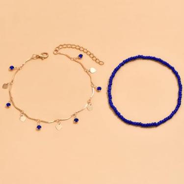 Imagem de Tornozeleira feminina com pingente de coração azul, corrente dourada e contas azuis para praia