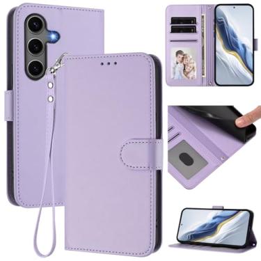 Imagem de Capa carteira para Samsung Galaxy S25 Plus, capa fina de couro com compartimentos para cartões, alça de pulso e suporte, capa protetora à prova de choque para homens e mulheres (roxo claro)