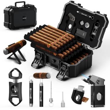 Imagem de Conjunto de caixa de umidificador de charuto de viagem com isqueiro tudo-em-um, cortador de charuto reto e V, furador de charuto, suporte para charutos, realçador de gaveta de charutos, umidificador e