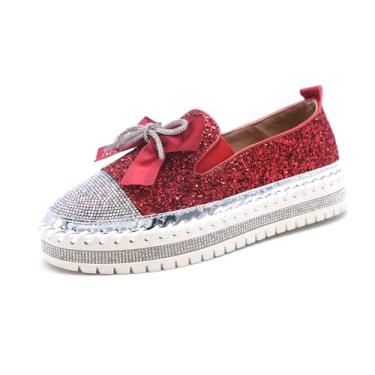Imagem de SUGURETA Tênis feminino moderno de strass sem cadarço, casual, confortável, plataforma, tênis de caminhada, lindo laço com glitter, loafers brilhantes, B - vermelho, 38
