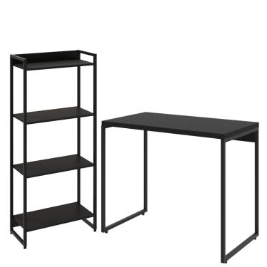 Imagem de Kit Para Escritório Estante Areta 4 Prateleiras Mesa Industrial Aspen 90cm C01 Onix - Lyam Decor