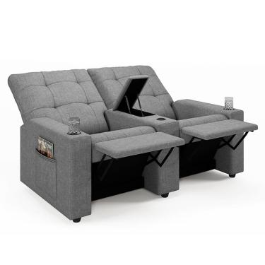 Imagem de Poltrona do Papai Reclinável Cinema 2 Lugares Manual Baú USB Haifa F05 Linho Cinza - Lyam Decor