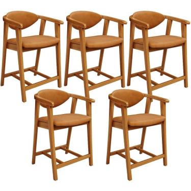 Imagem de Kit 05 Banquetas Baixa Para Cozinha Sala Jantar Bancada Cecília L02 Couríssimo Canela - Lyam Decor