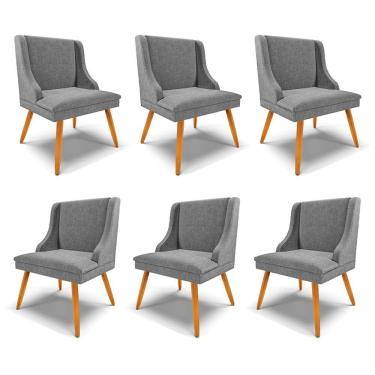 Imagem de Kit 6 Cadeiras Decorativas Sala De Jantar Pés Palito De Madeira Firenze Linho Grafite/natural G19
