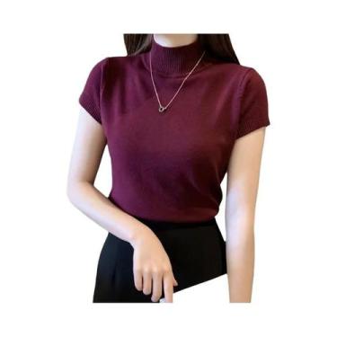 Imagem de Suéter Feminino De Tricô Gola Alta Slim Fit Manga Curta Estilo Coreano