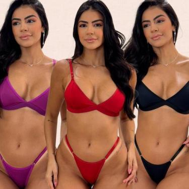 Imagem de Kit 3 Conjuntos Sem Bojo Sem Ferrinho Regulagem Calcinha Fio String - 