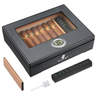Imagem de Umidor de Charutos XIFEI com Fibra de Carbono, Visor de Vidro e Acessórios Premium - Capacidade para 25-60 Charutos, Garantindo Umidade
