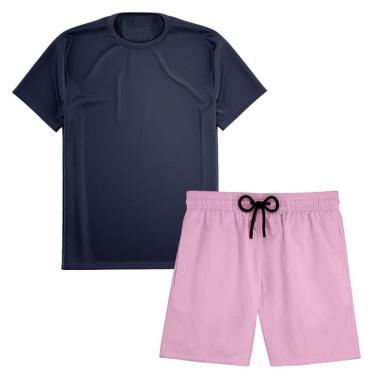 Imagem de Kit Short Praia Academia Passeio Treino Rosa + Camiseta Manga Curta Masculina-Masculino