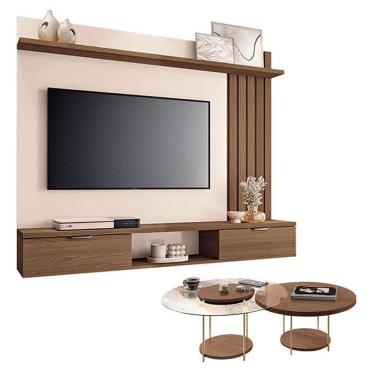 Imagem de Painel Suspenso Lets Castanho Off White com Kit Mesa de Centro Sky Castanho - HB Móveis