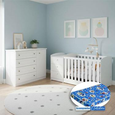 Imagem de Berço Multifuncional Atlanta e Cômoda Infantil Mississpi Henn Ambiente Branco Fosco com Colchão Ortobom - Reller