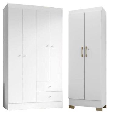 Imagem de Guarda Roupa Solteiro Versa 4 Portas Branco Rosa Flex Fosco com Armário Multiuso Luna Branco Fosco - Kits Paraná