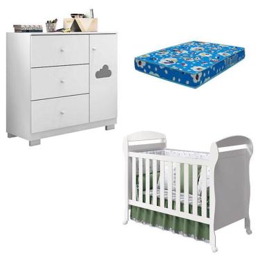Imagem de Berço Americano Danny e Cômoda Infantil Ane Branco Brilho com Colchão Ortobom – Phoenix Baby