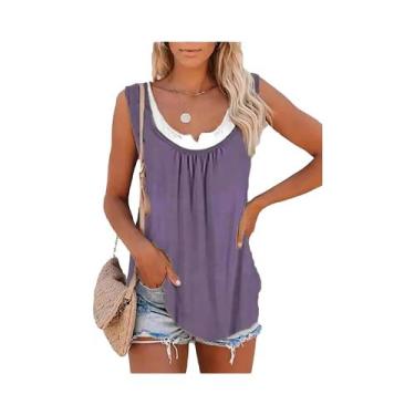 Imagem de Camiseta Sem Mangas Feminina Com Pregas E Patchwork Em Cor Sólida Verã