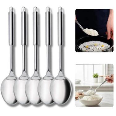 Imagem de Kit 5 Colher De Arroz Grande 34cm Aço 100 Inox Colher De Mesa Prática 