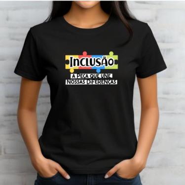 Imagem de Camiseta Babylook Feminina Preta Azul Inclusão Autista Autismo TEA Plu