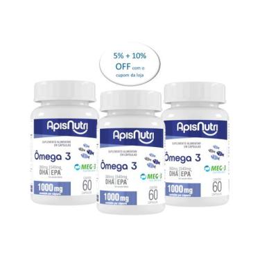 Imagem de Óleo de Peixe Ômega 3 1000mg 60 cáps APISNUTRI Kit com 3 Ud