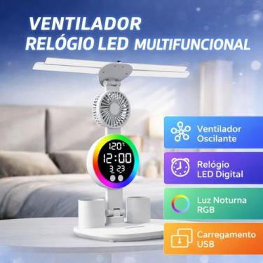 Imagem de Luminária De Mesa LED RGB Com Ventilador Relógio Digital Para Estudo M