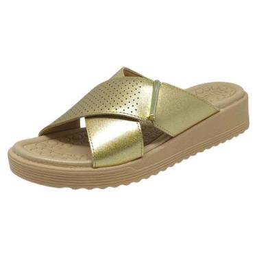 Imagem de Tamanco Feminino Conforto Couro Anabela Baixo Usaflex, Ouro light, 36