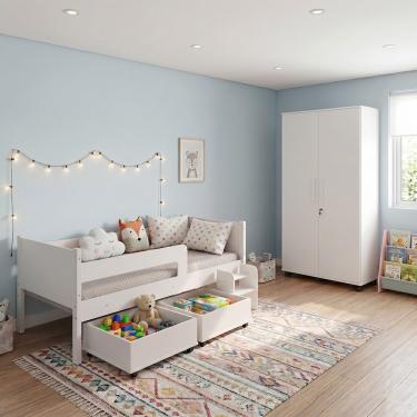 Imagem de Conjunto Cama Infantil Luna Plus com Armário Multiuso Gold 2 Portas MDP MDF 92cm Branco Luna