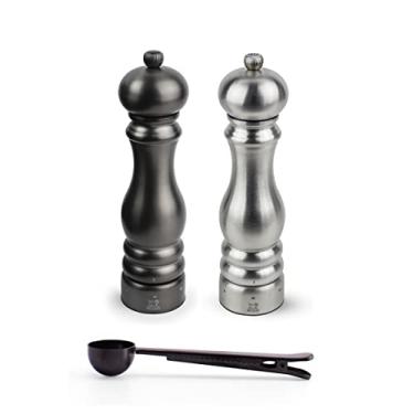 Imagem de Peugeot Paris Chef Carbone u'Select Stainless Steel 22cm 9 inch Carbon Finish Pepper Mill w/ Stainless Steel Silver Salt Mill- With Stainless Steel Spice Scoop/Bag Clip