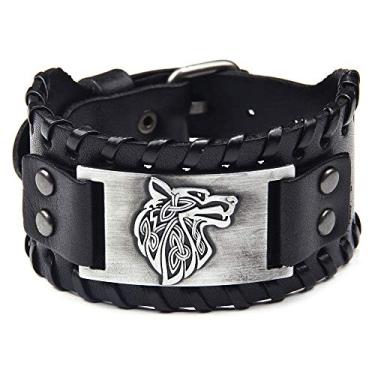 Imagem de TURTLEDOVE Pulseira Viking Wolf Fenrir - Talismã escandinavo nórdico vintage - Pulseira gótica para pagão celta, Large, Couro, Sem pedras preciosas