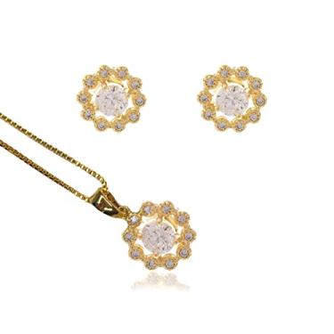 Imagem de RIKINTE Kit Conjunto Brincos e Corrente Colar Feminino com Pingente Flor com Pedras de Zircônia e Folheado em Ouro 18k
