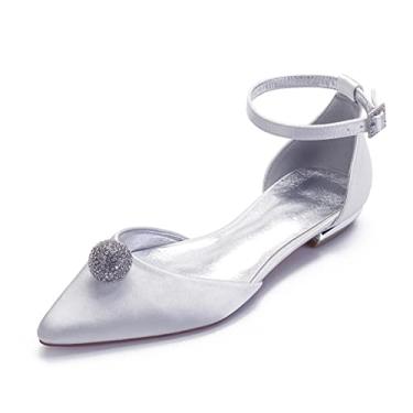 Imagem de Sapatos de casamento para noivas mulheres sapatilhas sapatilhas com fivela de cetim bico redondo sapatos com strass 36-43,White,8 UK/41 EU