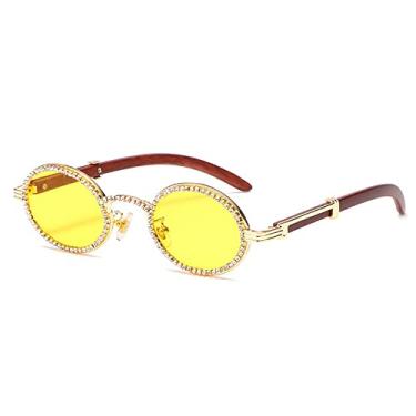 Imagem de Óculos de sol brilhantes de luxo com armação de cristal para mulheres vintage pequeno oval perna de madeira strass óculos de sol masculinos hip hop óculos redondos, amarelo ouro, sem estojo