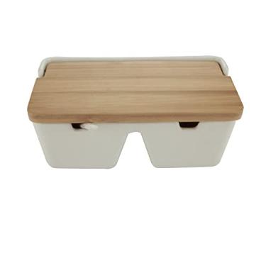 Imagem de SALEIRO DE MESA C/2 DIVISÓRIAS DE CERÂMICA E TAMPA DE MADEIRA E COLHER BIANCO 19x9x9cm