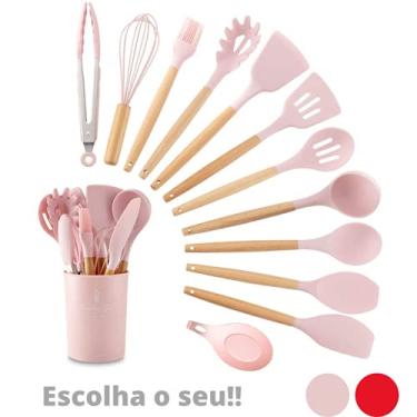 Imagem de Kit Utensílios Cozinha Silicone Colher Copo Suporte 12 Peças Cor:Rosa