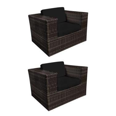 Imagem de Kit 2 Poltronas Quadradas em Junco Copacabana Almofada Preta - Café